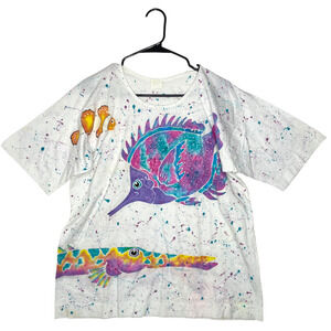 Vtg 90's T Shirt XL‎ Single Stitch Colorful Fish Speckled Retro Hand Painted Sea